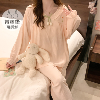 长袖自带胸垫纯棉春秋冬季睡衣女款200斤特大码胖mm5XL家居服套装