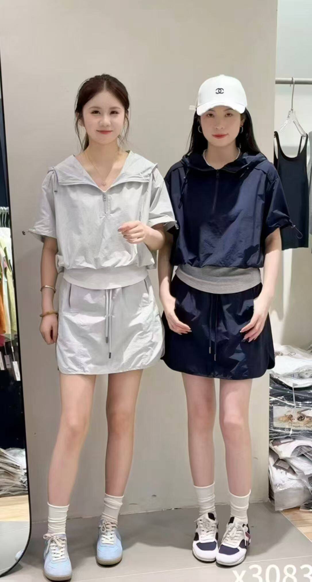 短袖抽绳薄款上衣女2026新款夏季休闲运动半裙显瘦短款套装