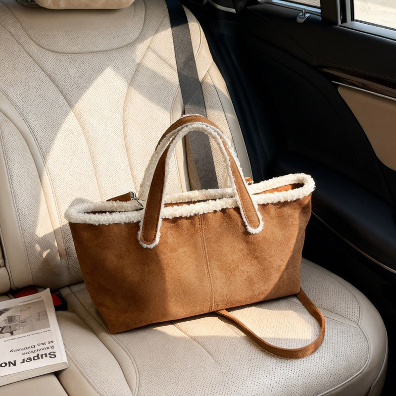 秋冬复古麂皮绒托特包拼接