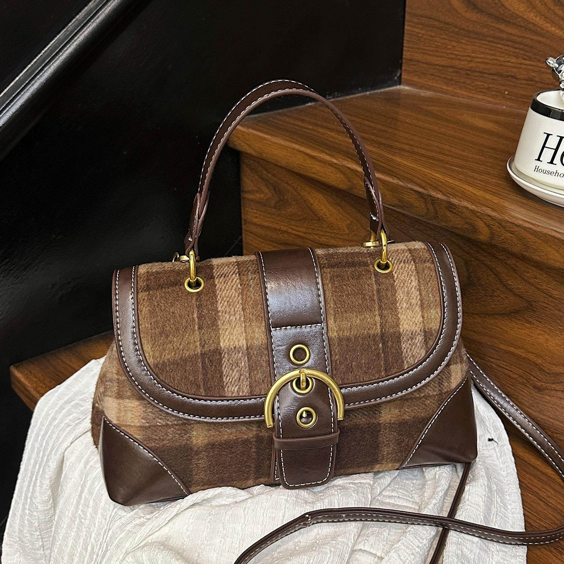 复古高级感毛呢手提包小拎包女2026新款格子小方包简约单肩斜挎包,箱包皮具/热销女包/男包,单肩包,淘宝优惠券,粉丝福利购,淘宝优惠卷