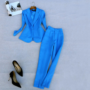 修身 一扣长袖 西装 春季 九分裤 套装 上衣高腰小脚开叉西裤 两件套 新款