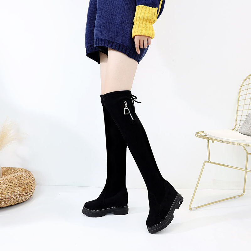 增高9CM厚底内增高过膝靴弹力靴 加绒保暖绒面弹力布过膝靴长筒靴