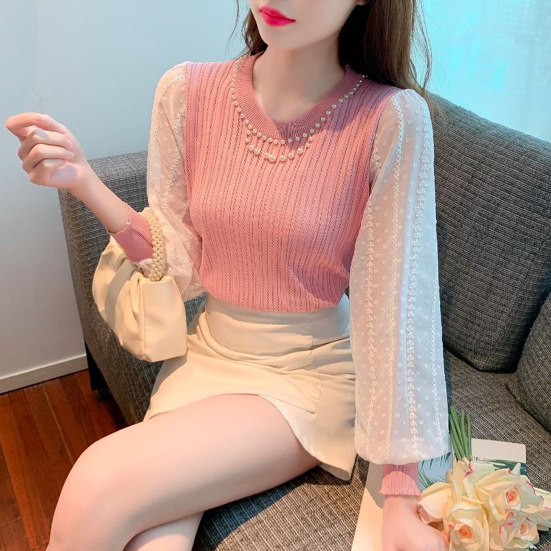 甜美百搭冰丝上衣针织衫钉珠镂空