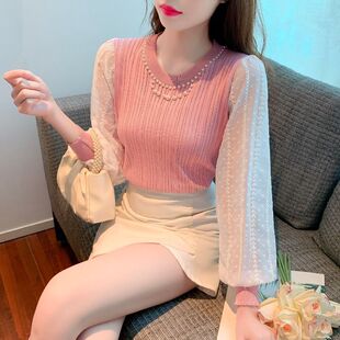 甜美温柔风圆领钉珠上衣女春秋季修身显瘦洋气雪纺拼接长袖针织衫