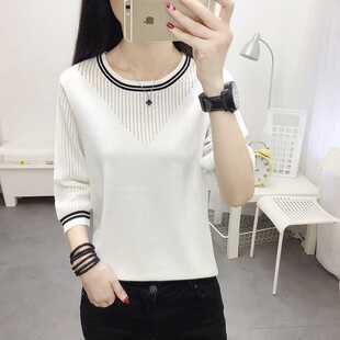 春季圆领中袖条纹针织衫女冰丝上衣韩版新款镂空薄七分袖打底小衫