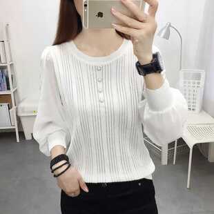 洋气雪纺拼接长袖针织上衣女春秋新款宽松外穿薄款镂空冰丝打底衫