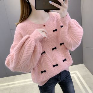 毛衣女秋冬新款圆领洋气慵懒风灯笼袖宽松短款套头针织打底衫上衣