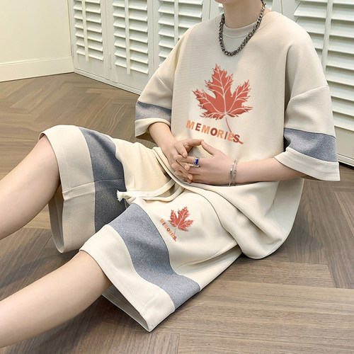 夏季华夫格拼色套装冰丝短袖T恤男士潮流大码学生宽松休闲五分裤