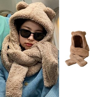 金智妮jennie同款小熊帽子围巾一体护耳朵围脖冬保暖帽韩版三件套