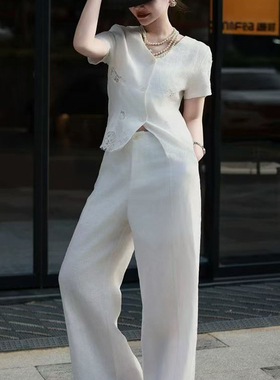 燃燃26春夏重磅欧货蕾丝拼接亚麻小衫+阔腿休闲裤套装40805