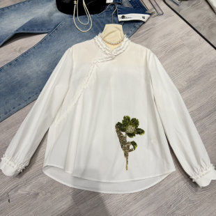 t745 重工绣珠片白色衬衫 燃燃小众26年春款 极简大牌老钱新中式