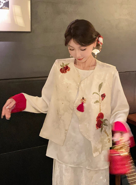 燃燃小众珠新中式无袖上衣国风缎面马甲开衫马甲(含70真丝)27129