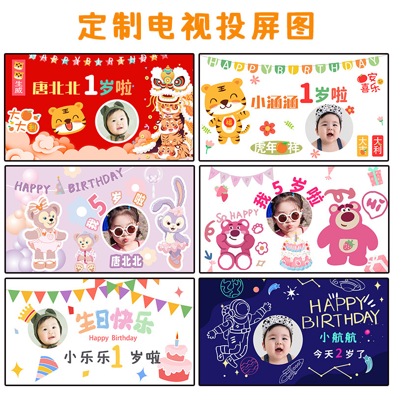 定制生日电视投屏图片宝宝周岁布置背景图生日快乐虎宝宝电子图片