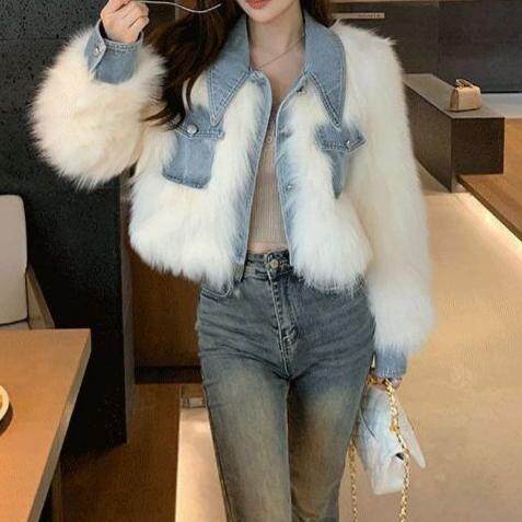 牛仔拼接毛毛短外套仿皮草加棉加厚小个子女冬季高腰时尚短款上衣