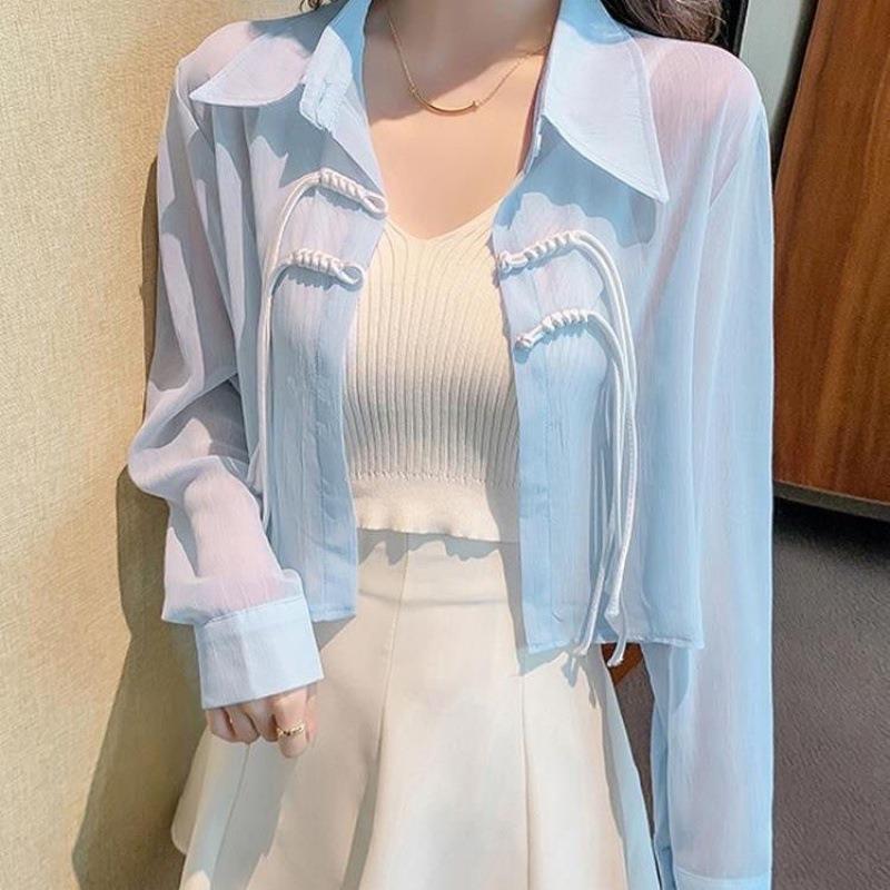防晒衣女夏季2025新款薄款国风衬衫轻薄爆款长袖盘扣雪纺上衣外穿
