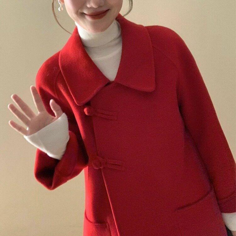 新中式国风红色呢子大衣女冬季今年流行中长款订婚敬酒服毛呢