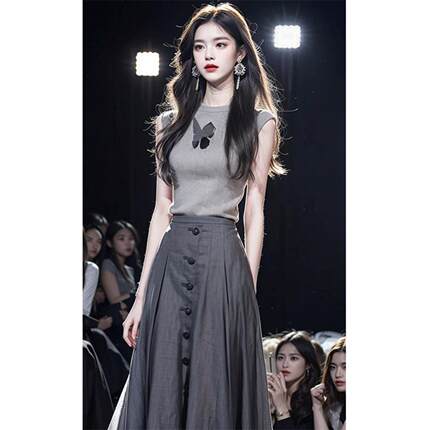 2026新款名媛女装感小洋装灰色无袖上衣半身裙套装女夏季