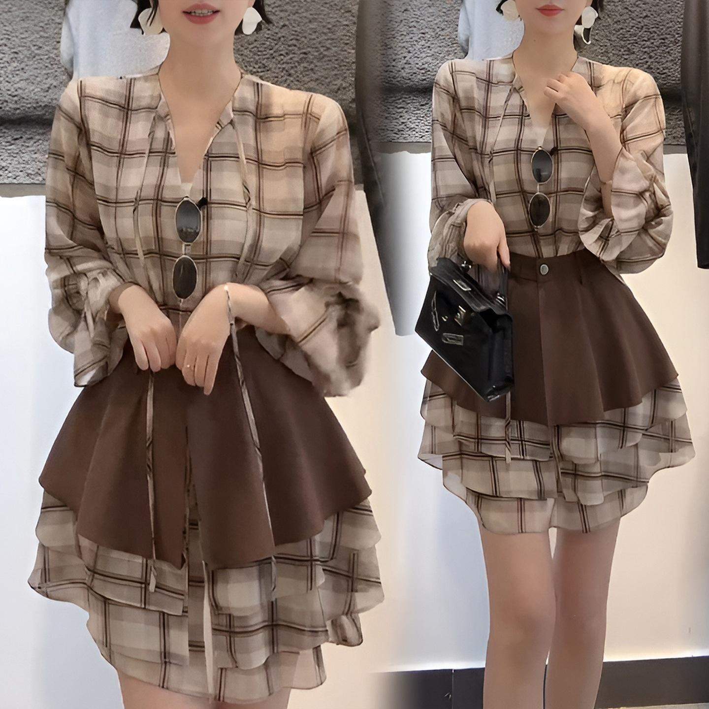 官图 时尚温柔复古格子荷叶边收腰连衣裙2026夏季新款显瘦百搭裙