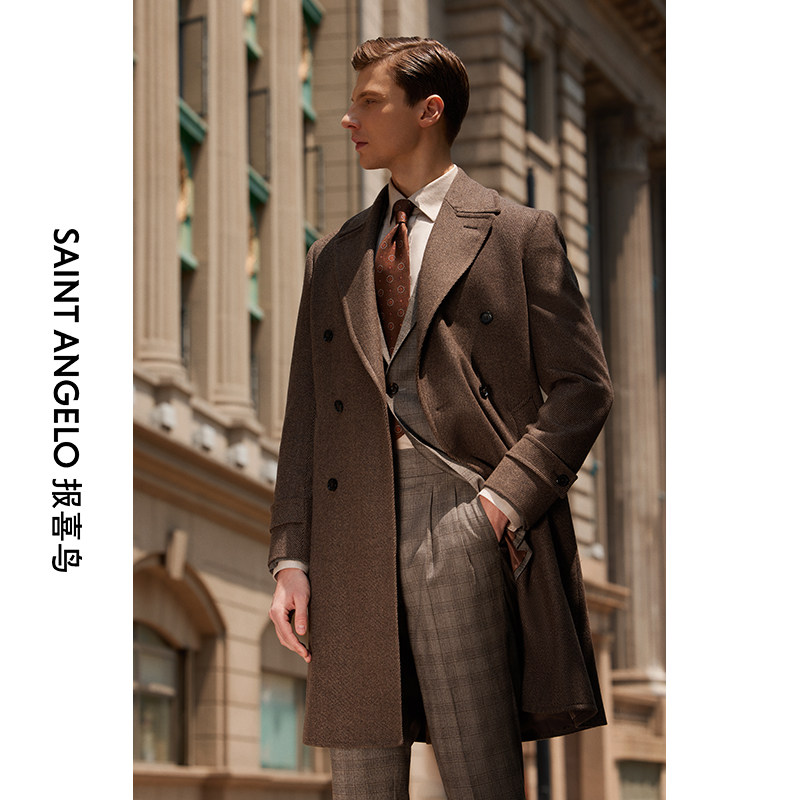 报喜鸟大衣定制男士西装领中长款保暖毛呢大衣格子羊毛外套男定做