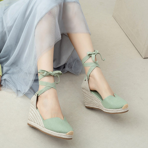 Soludos春夏新款女草编坡跟凉鞋