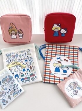 日单mizutama联名三丽鸥方形化妆包豆腐包抽绳袋束口袋小物收纳包