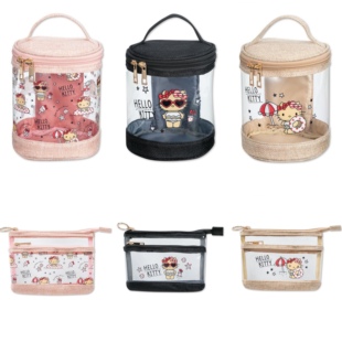 双拉链手拿小物包收纳包 透明PVC圆筒化妆包 日系 卡哇伊黑皮KT