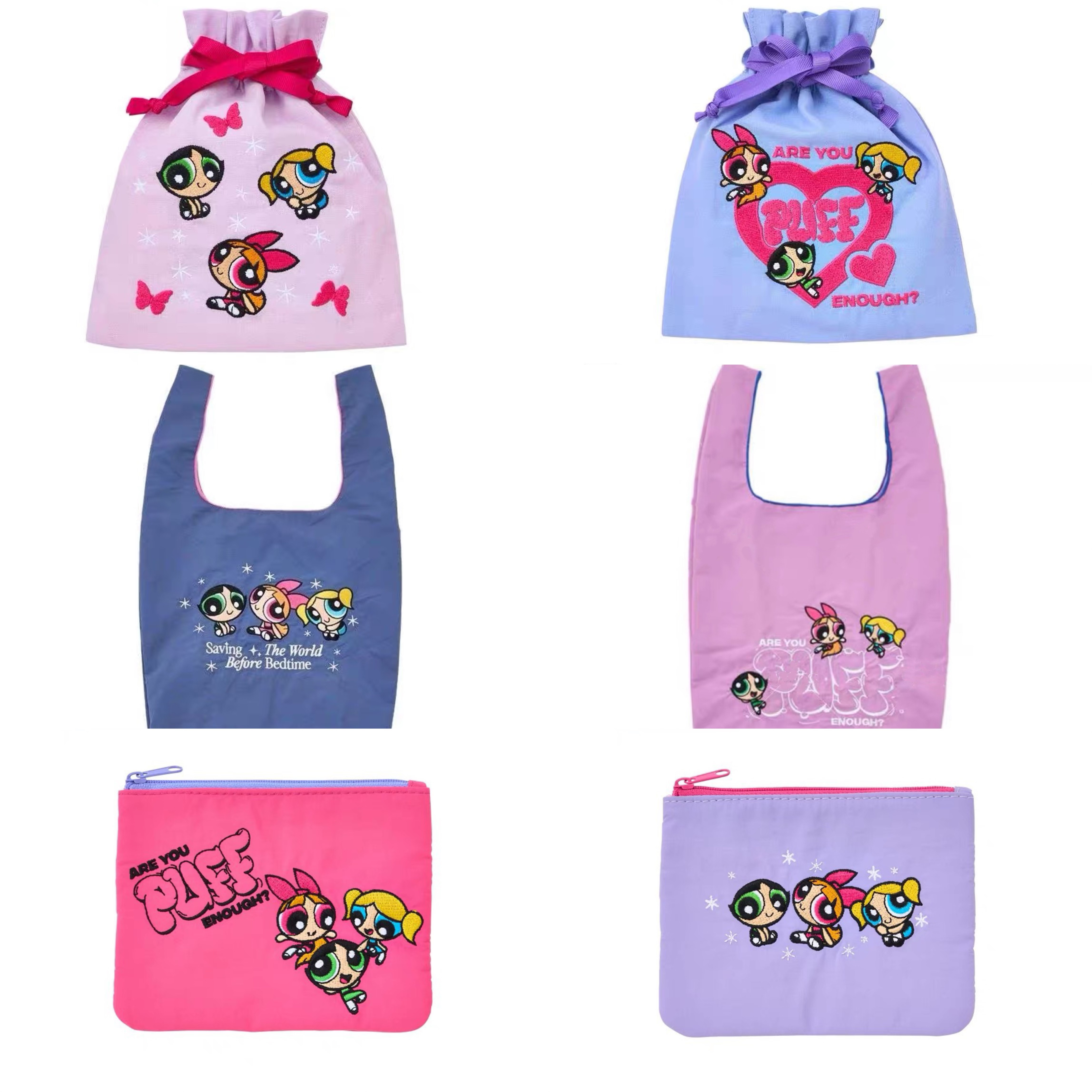 日系 飞天小女警 重工刺绣束口袋 购物袋环保袋 一字拉链袋纸巾包