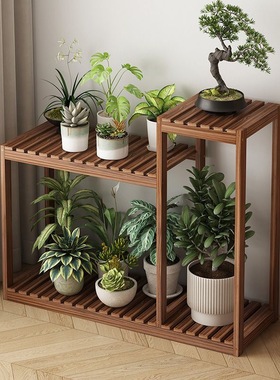 室内实木多层中式花架客厅落地式置物架阳台带轮可移动多肉植物架