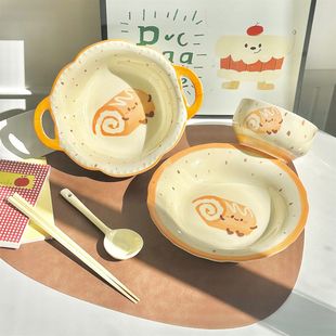 毛巾卷一人食碗盘套装可爱陶瓷饭碗大面碗餐具个人专用高颜值卡通