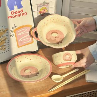 甜甜圈一人食碗盘套装可爱陶瓷饭碗大面碗餐具个人专用高颜值卡通