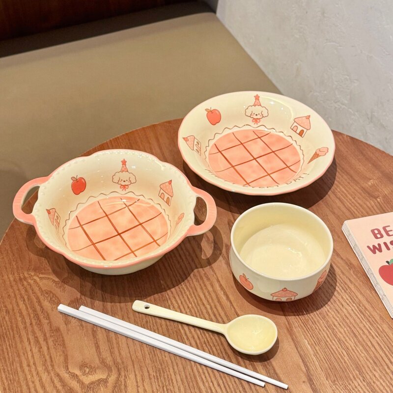 可爱云朵糖一人食碗盘套装陶瓷饭碗双耳面碗餐具个人专用卡通盘子