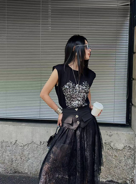 2025新款秋冬小皮裙纱裙女中长款高腰a字网纱半身裙仙女