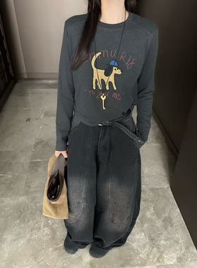 2025新款韩系时尚狗狗印花长袖t恤女夏季针织罩衫打底上衣