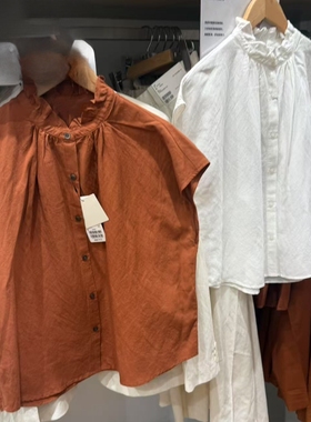 合作款/女装麻混纺格纹荷叶边衬衫/短袖衬衣上衣E475720/477682