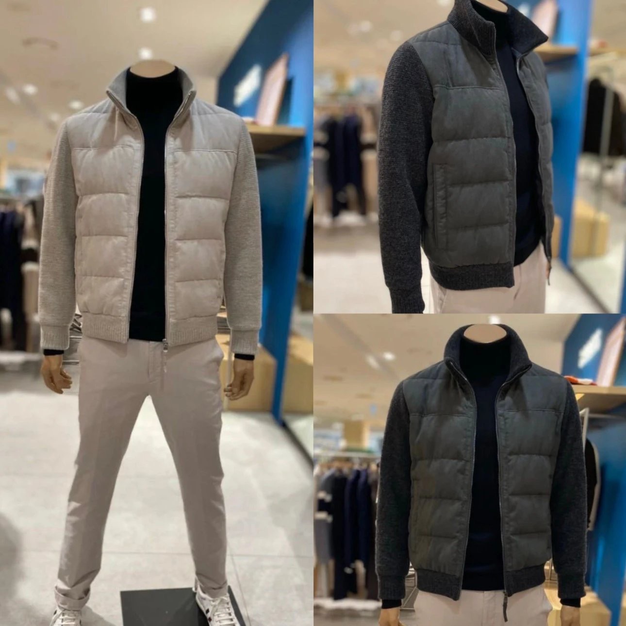 25年冬款梭织麂皮绒面料针织羊毛袖子撞色立领羽绒服 羽绒衣外套