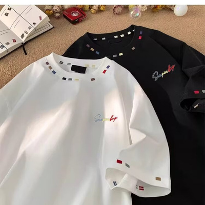 夏季新款美式高街重磅刺绣短袖t恤男女款潮牌宽松设计感半袖上衣