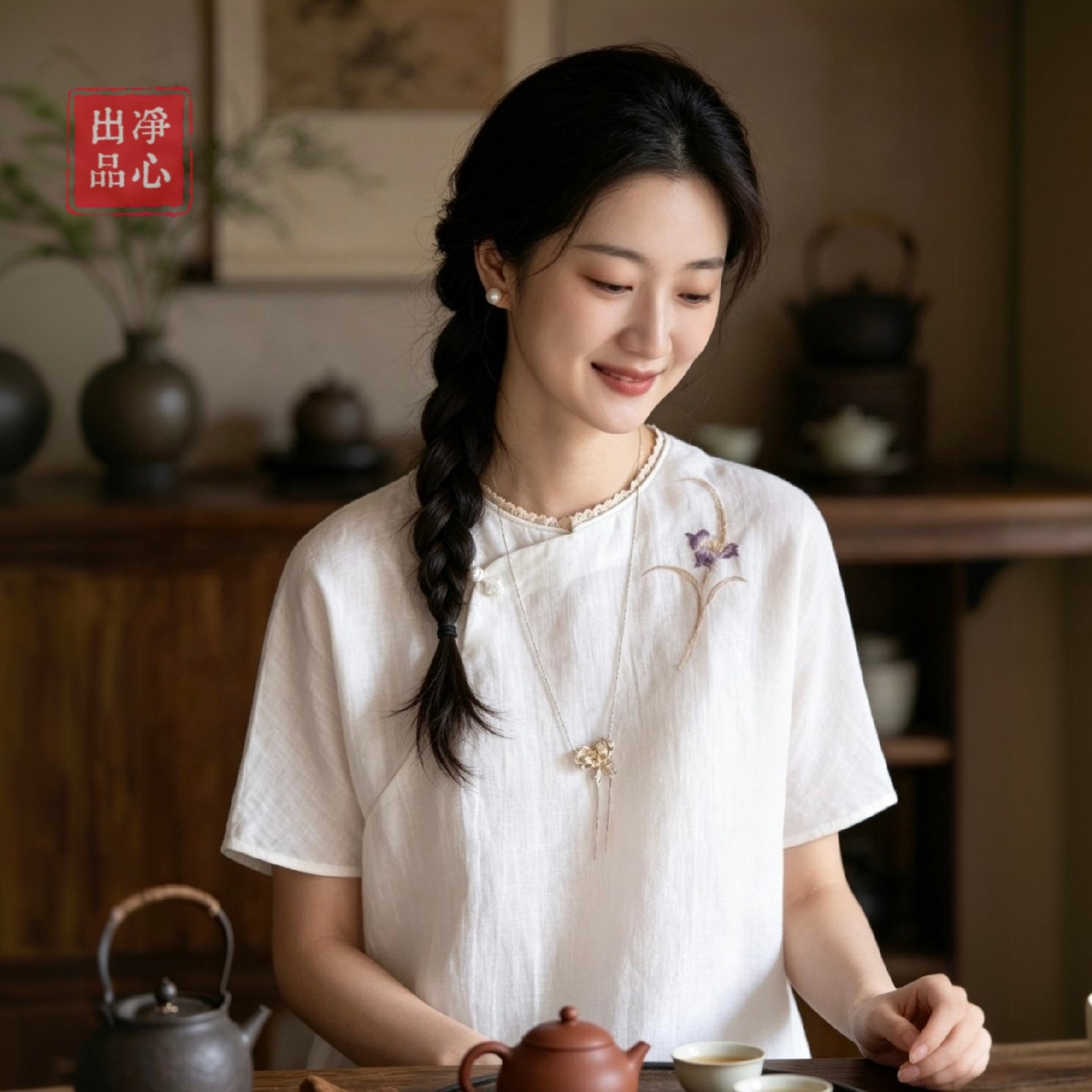 新中式国风棉麻上衣女夏装刺绣斜襟盘扣短袖薄款宽松显瘦禅意茶服