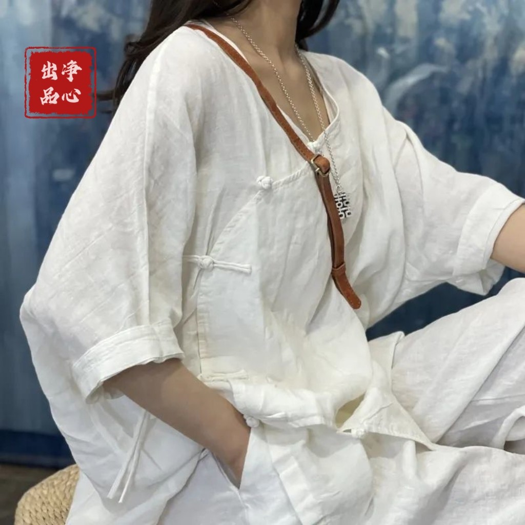 春夏斜襟盘扣棉麻衬衫女新中式V领大码复古文艺禅意长袖宽松上衣