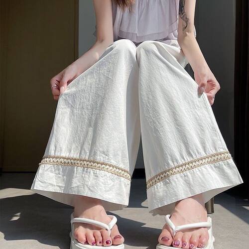 棉麻阔腿裤女夏季薄款花边刺绣垂感宽松休闲裤高腰显瘦白色拖地裤