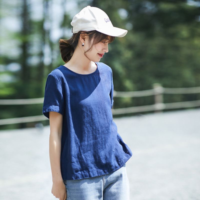 亚麻T恤2025夏季新款短袖女圆领通勤上衣文艺范纯色优雅棉麻小衫
