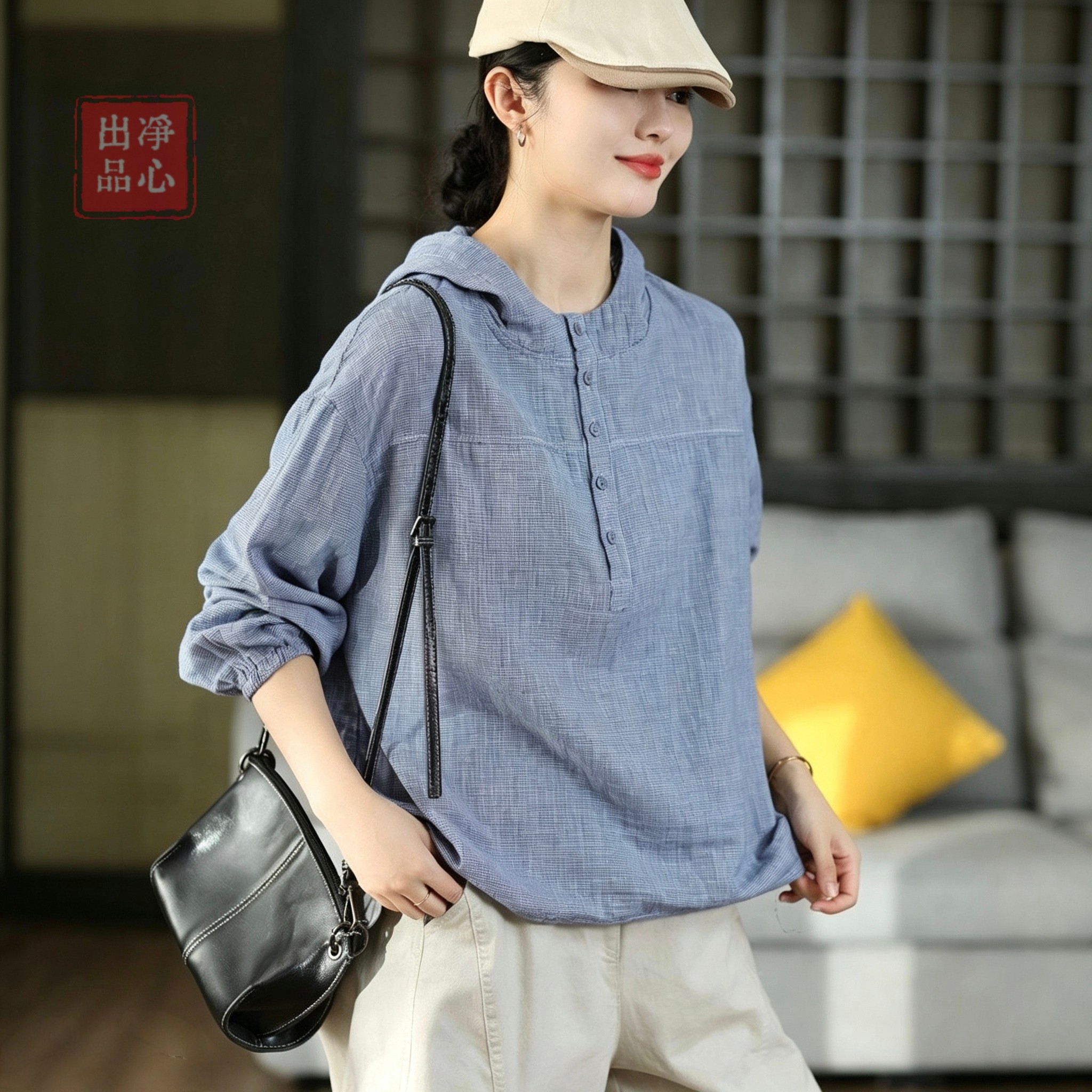 复古格子连帽衬衫女秋季新中式禅意风纯棉上衣文艺范宽松卫衣外穿