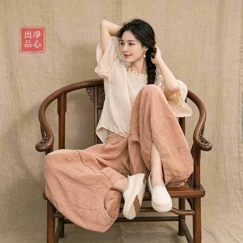 新中式免烫休闲套装女夏2026新款禅意茶服复古宽松显瘦灯笼裤抗皱