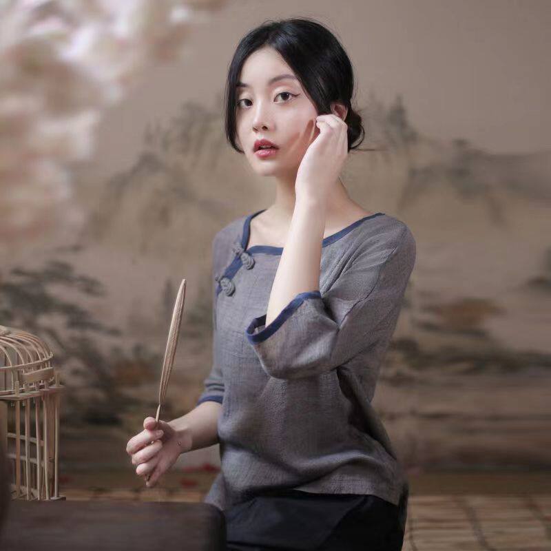 春季新款棉麻盘扣上衣女中式亚麻唐装禅意民国风茶服休闲显瘦小衫