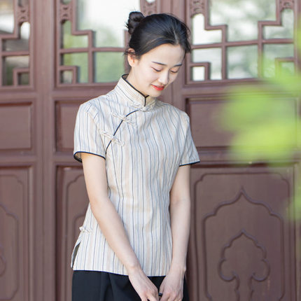 纯棉新中式旗袍短袖上衣夏季立领盘扣禅意茶服文艺秀气竖纹衬衫女