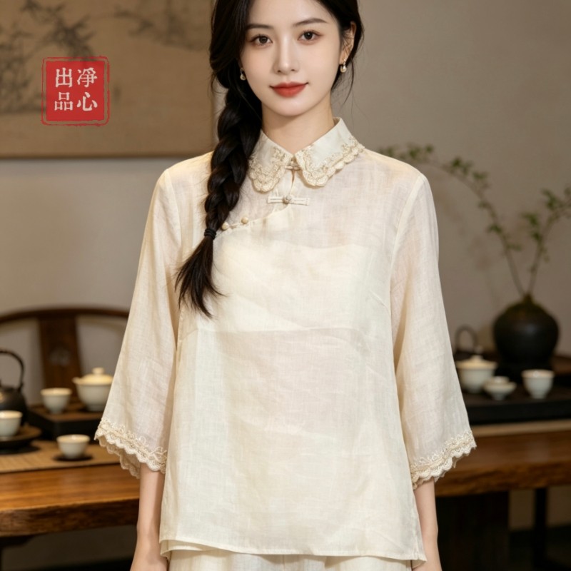 原创重工刺绣苎麻上衣女夏新中式国风娃娃领盘扣斜襟七分袖棉麻衫