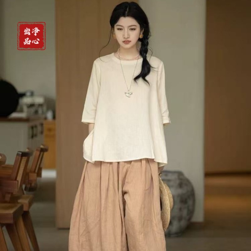 2026夏季文艺禅意棉麻套装女小个子宽松显瘦中袖上衣阔腿裤两件套