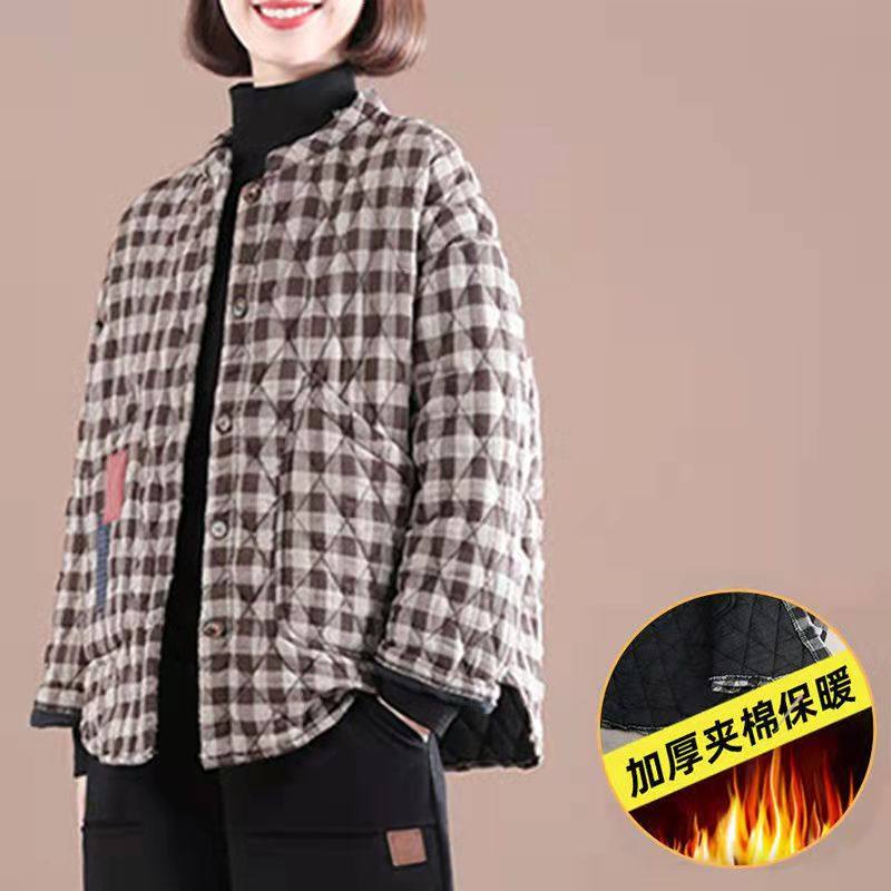 2025秋冬装新款棉麻外套韩版大码显瘦贴布加厚立领夹棉格子棉衣女,女装/女士精品,短外套,淘宝优惠券,粉丝福利购,淘宝优惠卷