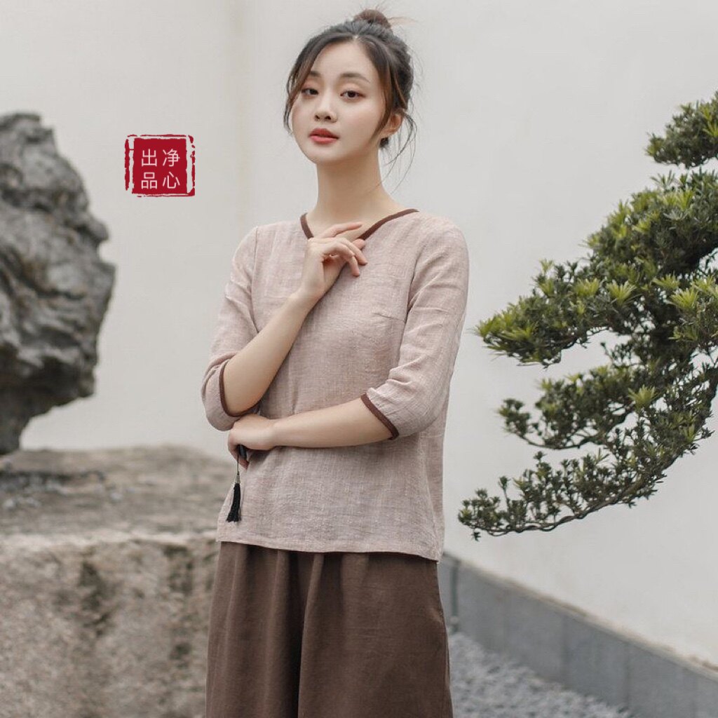 春夏茶服女民国风禅意薄上衣棉麻唐装改良汉服新中式V领盘扣小衫