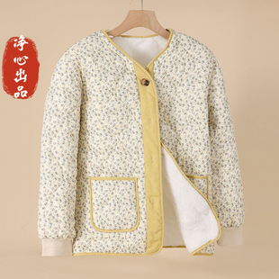 秋冬新款棉服女东北大花鹅黄色棉衣加绒加厚碎花外套保暖印花棉袄