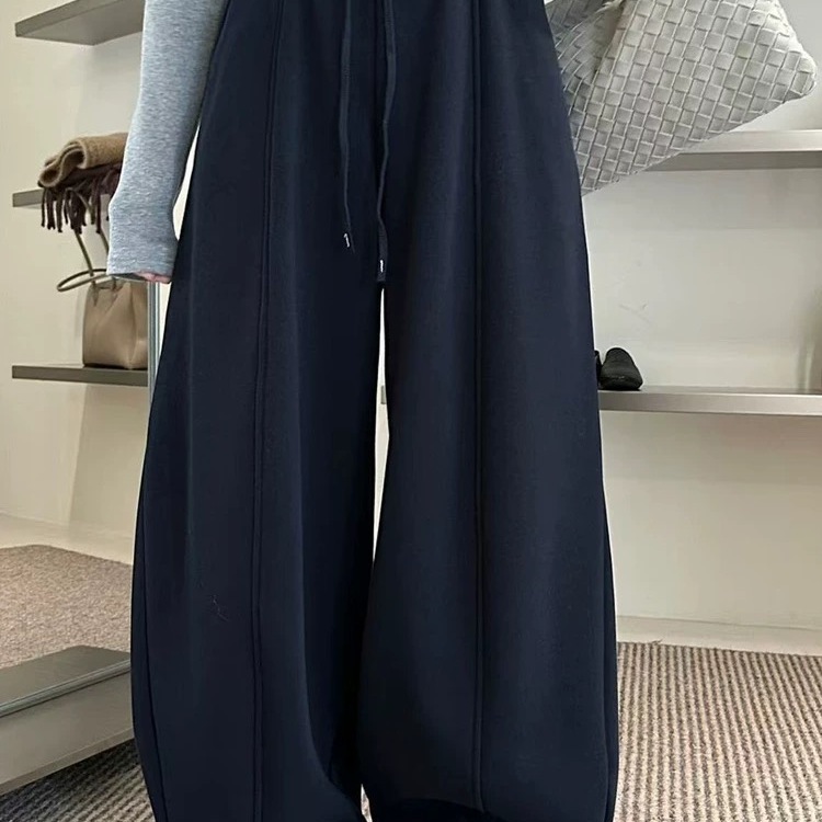 3R3加绒弯刀裤女高腰抽绳阔腿裤宽松显瘦休闲长裤极简风2025冬季